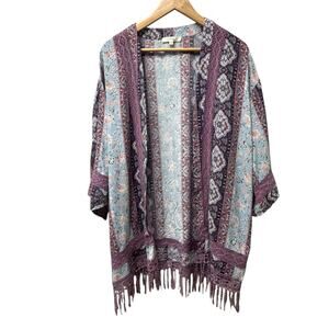 Andree‎ by Unit Purple Lace Kimono M Paisley Fringe Boho Open Front Shawl Jacket